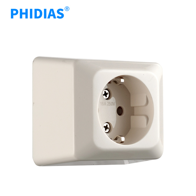 PHIDIAS EU Standard PC Material Single Gang Electric 16A Power Socket Waterproof with Grounding Round Wall Socket