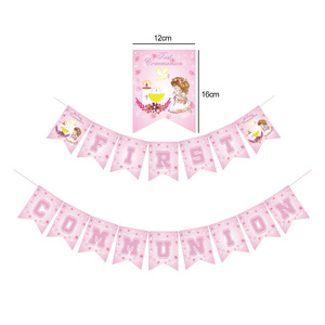 Décorations de baptême roses comprenant une bannière de première communion, un toile de fond et des ballons « Dieu bénisse » pour la décoration de la première communion des filles. - Product Image 3