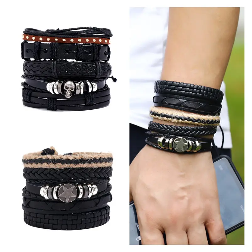 hot sale leather braided cord bracelet Male Jewelry Charm Vintage Boyfriend Gift black leather bracelet multilayer for men