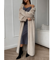 Cardigan décontracté pour femme en polyamide, coupe ample, col en V, longueur cheville, style lounge, en fausse fourrure de lapin, manches bouffantes douces