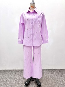Women's Rhinestone Embellished 2 Piece Set - Long Sleeve Button <b>Down</b> Shirt & Wide Leg <b>Pants</b> Fashion - Product Image 6