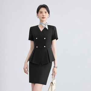 Professional Women's Suit Short Sleeve V-Neck Peplum Career Dress For Office Work Interview Anti-Wrinkle Woven Fabric - Product Image 2
