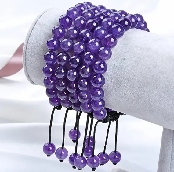 Healing Chakra Amethyst Crystal Gemstone 8mm Round Beads Adjustable Braided Macrame Tassels Bracelets