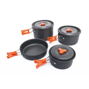 Ensemble de Cuisine de Camping en plein air noir pour Cuisine, bouilloire en aluminium, casserole, ustensile de Cuisine extérieur, organisateur de voyage