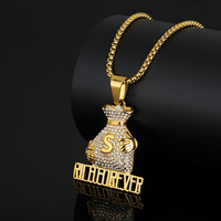 Collier Pendentif Sac d'Argent en Acier Inoxydable Doré, Bijou Hip Hop avec Signe Dollar Sertie de Zircons Cubiques, Chaîne Maille Cubaine, pour Hommes et Femmes, Vente en Gros, Personnalisation OEM