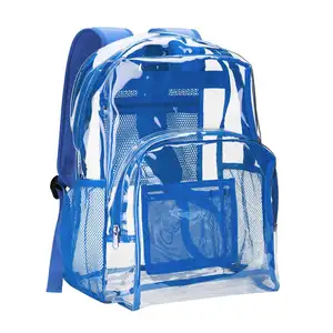 Vente en gros sur mesure Sac à dos transparent rembourré renforcé à bretelles bleues pour service intensif Sac à dos transparent en PVC