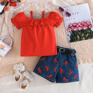 ชุดเสื้อผ้าเด็กผู้หญิงสไตล์ลำลองสุดหรู ระบายอากาศได้ดี ชุดสองชิ้น ปักลายสัตว์ แขนระบาย สำหรับเด็กอายุ 2-7 ปี แฟชั่นฤดูร้อนแบบสายเดี่ยว - Product Image 1