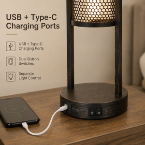 Lámpara de Mesa Metálica Retro, Paquete de Dos, Pantalla de Tela, Bombilla E27, Carga USB, Luz Decorativa Cálida para Dormitorio y Mesita de Noche - Product Image 4