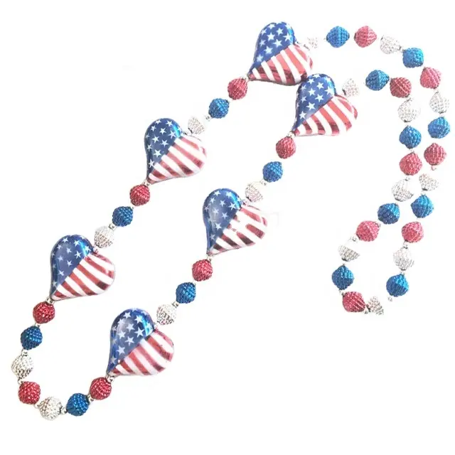 Custom Mardi Gras beads National 4th Of July Independence Patriotic Big Heart Imprinted USA Flag Beads Necklace