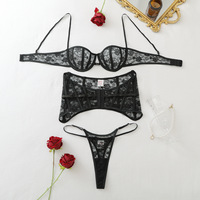 Ensemble de lingerie de nuit de haute qualité pour lune de miel, 3 pièces, avec soutien-gorge à armatures, érotique, sexy, transparent, en dentelle florale, lingerie intime pour femmes