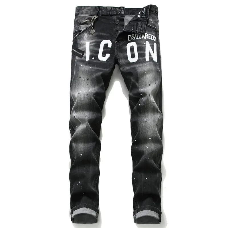 Classic Denim Men's Slim Fit Black Pants, Hot Selling Small Straight Leg Printed Jeans