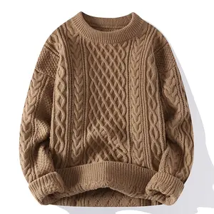 Werkslieferant Rundhalsausschnitt gestrickter gerippter Pullover solide Farbe dickes Kabel Baumwolle gestrickter Pullover für Herren