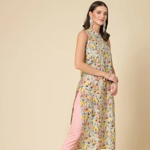 Kurti Tradicional Indio con Estampado Floral, de Poliéster, sin Mangas, para Mujer, Cuello Redondo, Corte Recto, Casual, Elegante, para Oficina - Product Image 1