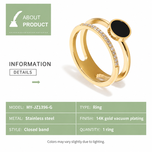 Double Band <b>Ring</b> <b>Stainless</b> <b>Steel</b> 14K Gold Vacuum Plated Zircon double band with black round focal insert and clear zircon row - Product Image 3