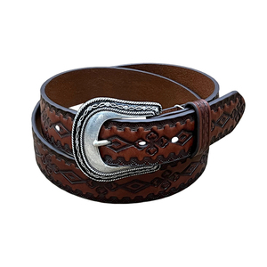 Cinturón de Cuero Vacuno de Grano Completo Vintage Personalizado con Patrón Geométrico Repujado, Hebilla de Aleación Color Rojo <span class=keywords><strong>Vino</strong></span> para Hombre - Product Image 2