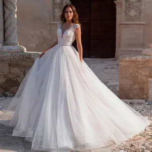 2021 abiti da sposa a-line abito elegante Mariage Buttons Up Back Sparkly Beading abito da sposa in Tulle di cristallo Plus Size Casamento