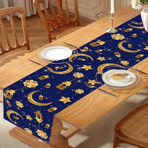 <span class=keywords><strong>Camino</strong></span> <span class=keywords><strong>de</strong></span> <span class=keywords><strong>Mesa</strong></span> <span class=keywords><strong>Azul</strong></span> Oscuro con Luna Creciente Dorada, Estrellas y Faroles para Decoración <span class=keywords><strong>de</strong></span> <span class=keywords><strong>Mesa</strong></span> <span class=keywords><strong>de</strong></span> Comedor en Ramadán y Eid, Tela Elegante y Lavable - Product Image 2