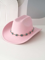 Chapeau de cowboy en feutre noir en gros avec chaîne de conchos turquoise, chapeaux de style western pour le rodéo et le country