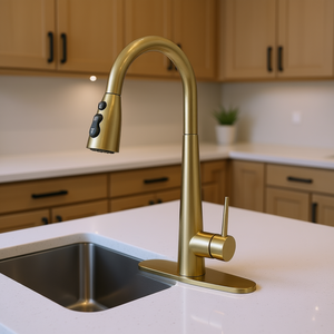 Robinet de cuisine moderne en acier inoxydable doré à douchette extractible, monocommande, à montage sur comptoir - Product Image 2
