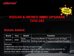 Service de calcul de crédits OBDSTAR 8 pour Nissan 2018- Kicks et Micra K14, <span class=keywords><strong>code</strong></span> PIN à 22 chiffres pour X300 DP PLUS/ Key Master/ MS80 - Product Image 1