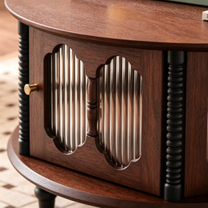 Vintage Round Wooden Coffee <b>Table</b> with Fluted Glass <b>Storage</b> Cabinet for Living Room - Product Image 3