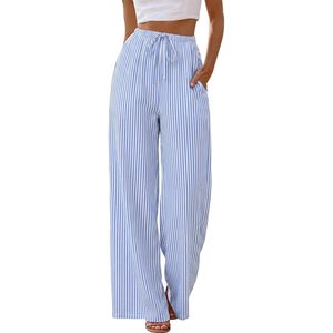 Women's Linen Palazzo Pants Wide Leg High Waist <b>Flowy</b> Beach Trousers With Pockets Summer Breathable Long Pants - Product Image 2