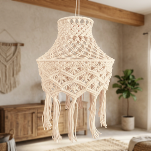 Bohemian Macrame <b>Lampshade</b> Handmade Cotton Pendant Light Cover Geometric Shape Tassels Indoor Living Room Home Decor - Product Image 1