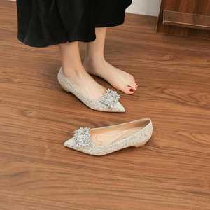 Elegant Pointed Toe Heeled Sandals with Crystal Decoration Mid Heel Internal Lift <b>Height</b> <b>Increasing</b> Bride's Wedding <b>Shoes</b> - Product Image 3