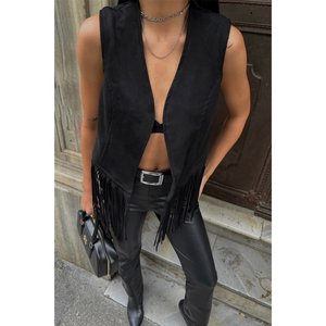 Chaleco de Gamuza Negra con Flecos y Logotipo Bordado, Cortavientos, Estilo Casual, Tejido - Product Image 4