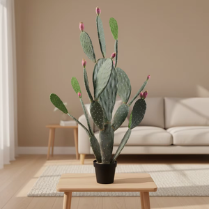 Grand cactus artificiel de type figue de Barbarie (<span class=keywords><strong>Opuntia</strong></span>) avec boutons dans un <span class=keywords><strong>pot</strong></span> noir, fausse plante du désert haute pour la maison, le bureau, le salon - Product Image 3