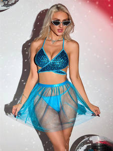 Модный сексуальный костюм для вечеринки для девушек, синий комплект из <span class=keywords><strong>3</strong></span> предметов с юбкой - Product Image 5