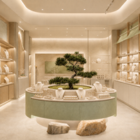 Solution de vitrine en bois naturel pour magasin de bijoux, design japonais Zen, écologique, durable, avec îlot d'exposition de bonsaïs et éclairage LED