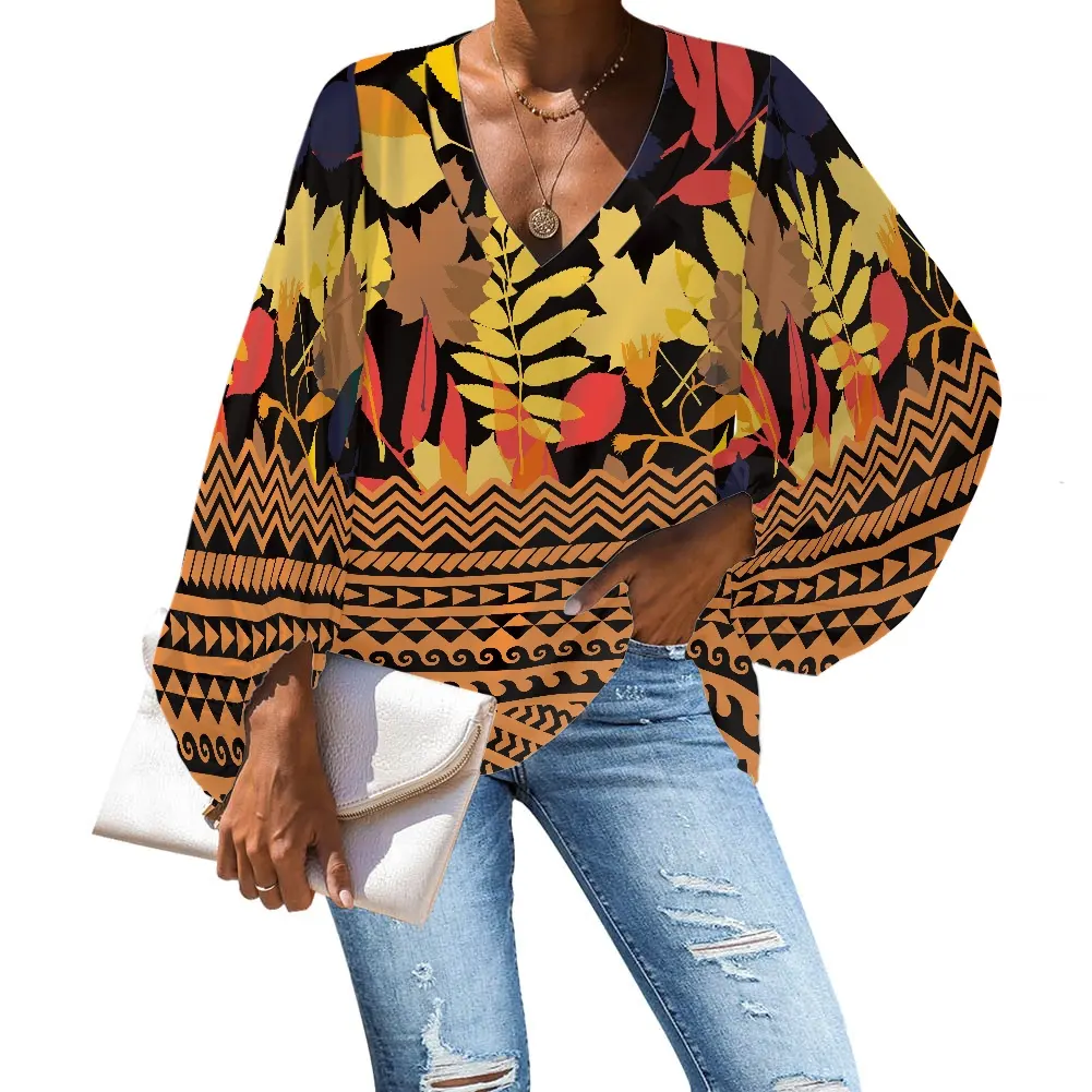 Блузка большого размера на заказ, блузка с принтом полинезийских племенных листьев, Повседневная Свободная рубашка с длинным рукавом, топы, женская одежда с V-образным вырезом, 2022