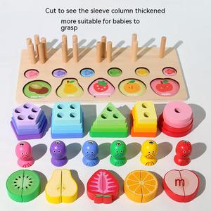 Juguetes de Madera con Tablero de Clasificación Geométrica <span class=keywords><strong>3</strong></span> en 1, Juego de Combinación de Formas, Pesca, Frutas, Corte, Apilamiento de Bloques, Rompecabezas - Product Image 4