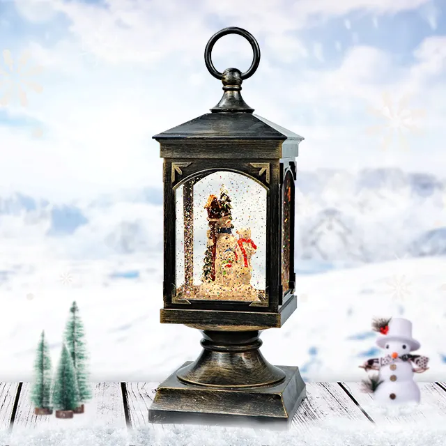 OEM Plastic Battery Operated Water Spinning Indoor Snowman Family Lighted Snow Globe Lantern Decoration