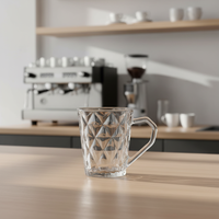 Mug en verre transparent à facettes de diamant de 170 ml avec poignée incurvée pour la maison, le bureau, le café, style élégant texturé, écologique, style européen