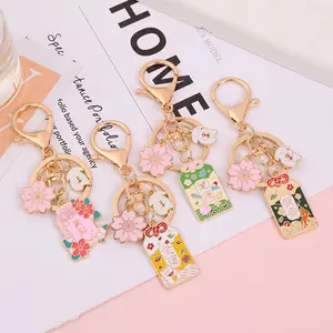 Sakura Amulet Lucky Cat Metal Keychain Cute Pendant Clothes Backpack Keyring Car handbag key chains Charms Friend Birthday Gift