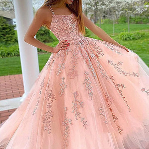 Women's Ball Gown Prom Dress Long Tulle Lace Applique Spaghetti Strap Empire Waist Floral Print Sheer Layer Spring Party Dress - Product Image 4