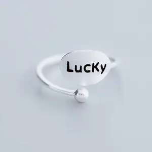 GT Copper 925 sterling silver plated Luck Open Ring Moda Inglês Lettering Boa sorte Anel Jóias Presente para As Mulheres