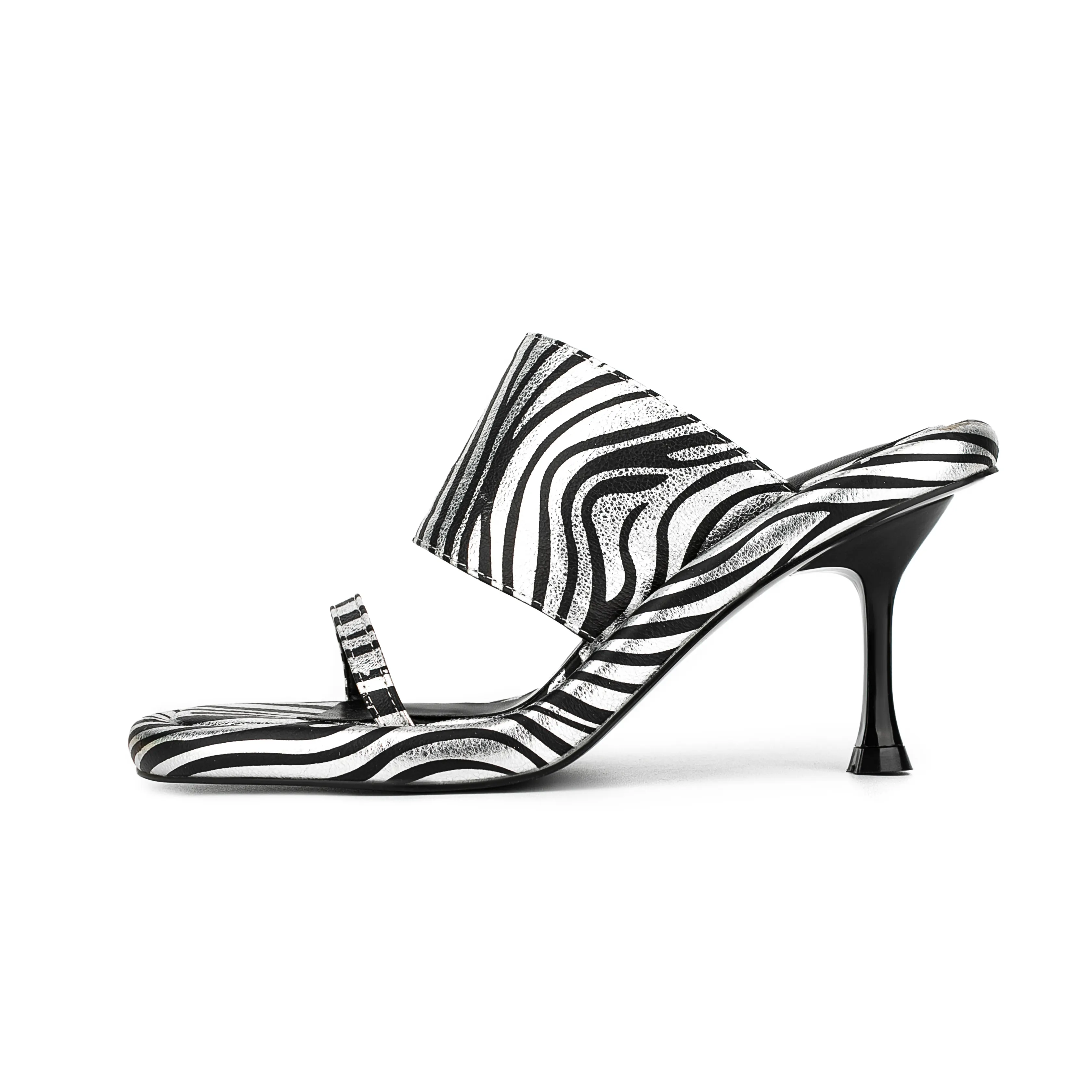 Novo Handmade Zebra-estampados Metal Pele Salto Alto Sandálias Muller Chinelos Fishmouth Open Toe Mulheres Sandálias E Chinelos