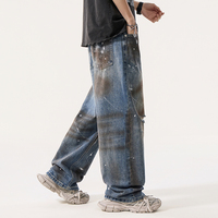 Jeans vintage baggy déchirés personnalisés pour hommes, coupe ample, denim délavé avec éclaboussures de peinture pour le streetwear