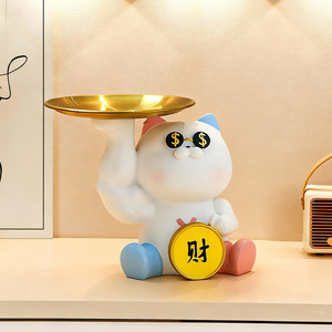 Happy Cat Resin Ornament With Tray Cosmetic Storage Desktop Decoration Feng Shui Lucky Cat Figurine For Chinese New Year - Product Image 3
