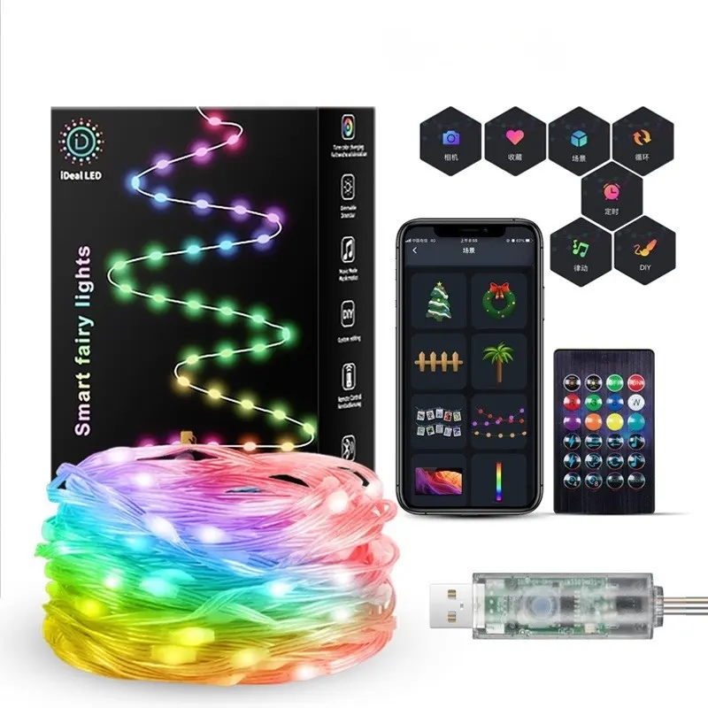 Hete Verkoop 10M 15 20M Buitendecor Kerstverlichting 5V App Bediening Twinkelende Slimme Kerstverlichting Kerstboomverlichting