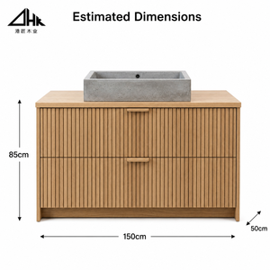 Meuble-lavabo <span class=keywords><strong>de</strong></span> salle <span class=keywords><strong>de</strong></span> bain en chêne avec façades <span class=keywords><strong>de</strong></span> tiroirs cannelées, vasque en ciment et plan <span class=keywords><strong>de</strong></span> travail en chêne massif pour hôtel, appartement, plat pack - Product Image 3