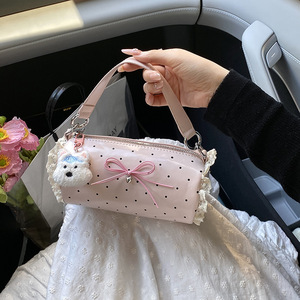2025 nuevo Mini bolso cilíndrico de encaje con lazo para mujer, bolso cruzado de hombro de mano dulce y fresco de lunares - Product Image 5
