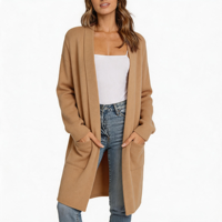 Cardigan en maille unie pour femme, col châle, ouvert sur le devant, couleur camel, sans boutons, poches latérales plaquées, épaules tombantes, longueur mi-longue