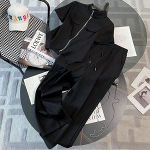 Completo Estivo da <span class=keywords><strong>Donna</strong></span> alla Moda, <span class=keywords><strong>Abbigliamento</strong></span> Femminile, Set 2 Pezzi con Zip e Maniche Corte, Pantaloni a Gamba Larga, Tuta Sportiva <span class=keywords><strong>Casual</strong></span> - Product Image 6