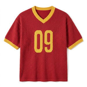 <b>Men's</b> Retro 100% Cotton Knit <b>Sweater</b> <b>V</b>-<b>Neck</b> Short Sleeve Pullover Letter Number Print Front Chunky Knit Streetwear Sports Jersey - Product Image 1