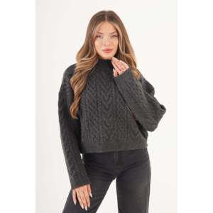 Suéter de Seda Antracita al por Mayor con Patrón de Punto en Espiral, Estilo Casual, Corto, con Logotipo Frontal y Decoración de Botones para Invierno - Product Image 3