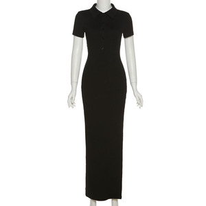 High Quality Turn-down Collar Bodycon <strong>Dress</strong> Button Short Sleeve <strong>Custom</strong> Ribbed Knitted Casual <strong>Dresses</strong> With High Slit - Product Image 5